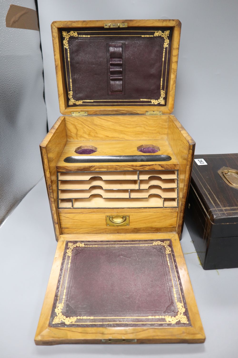 A 19th century stationery box, 27 x 27cm and a brass bound jewellery box